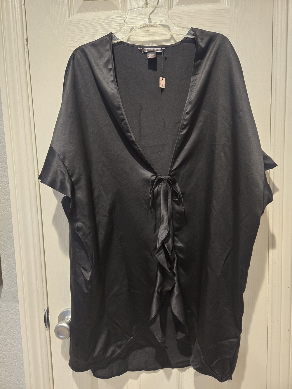 Victoria's Secret Dark Romantic Black Satin Kimono Cover-up Front Tie Waterfall